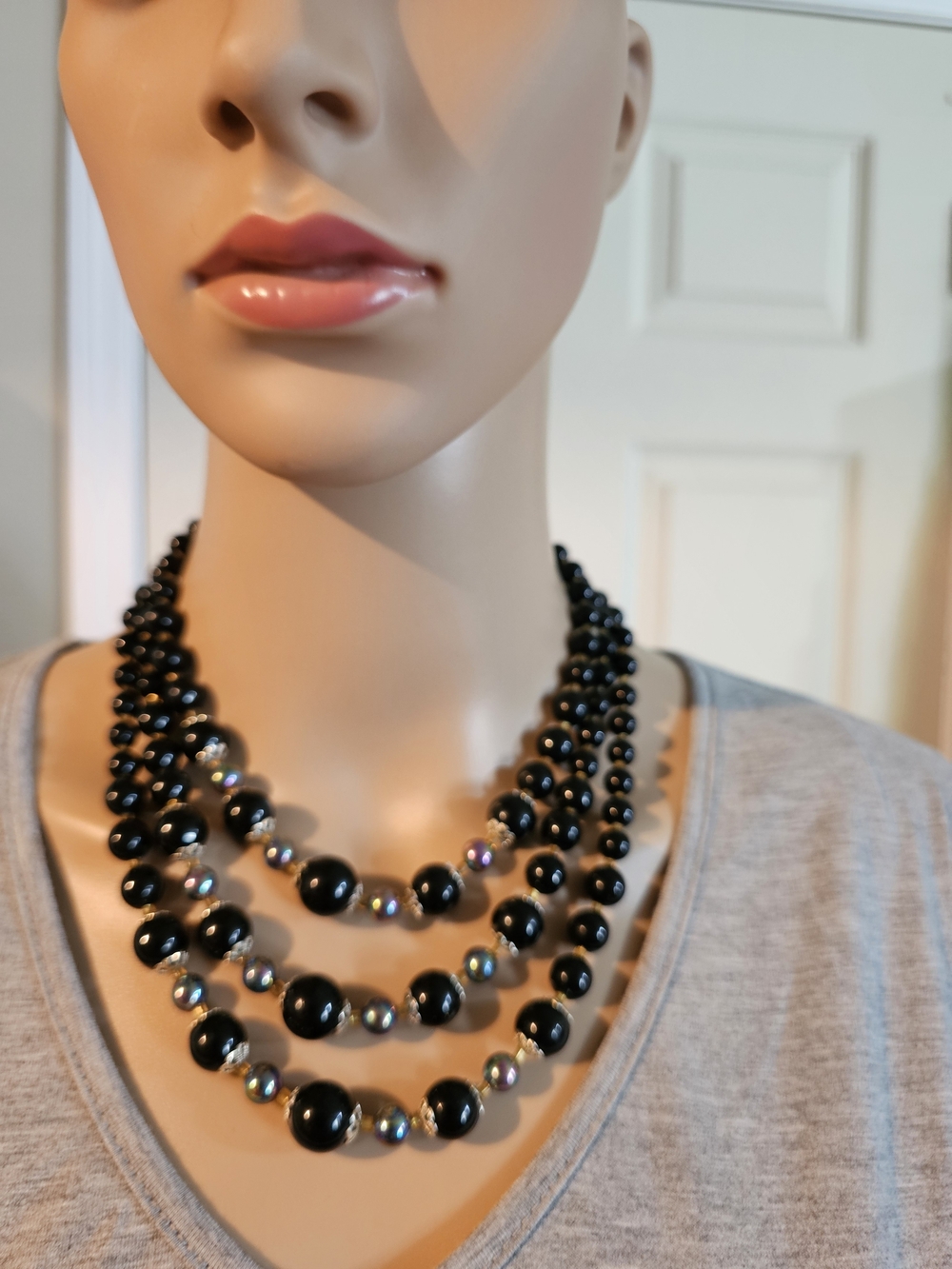 Vintage Multi-Strand Black Beaded Necklace with Iridescent Accents